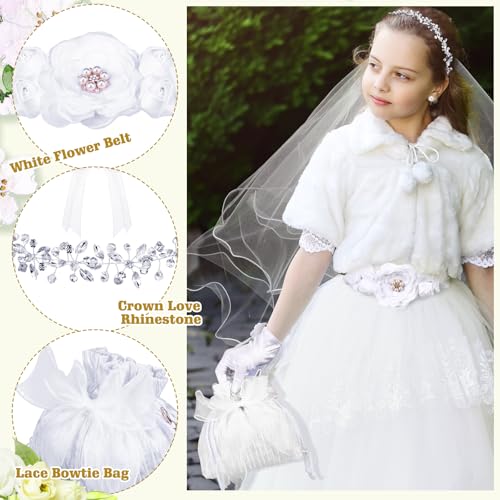 Quelay 9 Pcs First Communion Veil Set for Girls Catholic 1st Communion Veil Accessories Wreath Headpiece Crown Pearl Rosary Pouch Belt Necklace Bracelet White Gloves Sock for Kid Wedding4