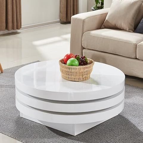 Triplo Round High Gloss Rotating Coffee Table In White Cover