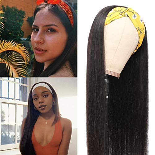 Teresa 18 Inch HeadBand Wig for Black Women Straight Human Hair Wigs Glueless Brazilian Virgin Hair None Lace Front Wigs With Headband Attached Ice Silk Headband Half Wig For Beginners Can be Curled