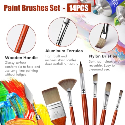 Image of 14pcs Acrylic Paint Brushes, Professional Synthetic Bristles Paint Brush Set with Extra Palette Knife - Flat, Filbert, Fan, Dagger, Round, Angle, Rigger Paint Brushes for Oil, Acrylic Canvas Paintings