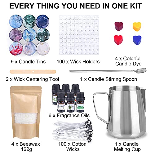 Candle Making Kit, Wax Melt Making Kit, Make Your Own Scented Candles, 480g Beeswax Pellets, 50 Wicks, 4 Colour Dyes, 500ml Wax Melting Pot, 100 Wick Stickers, 9 Empty Tins - Image 3