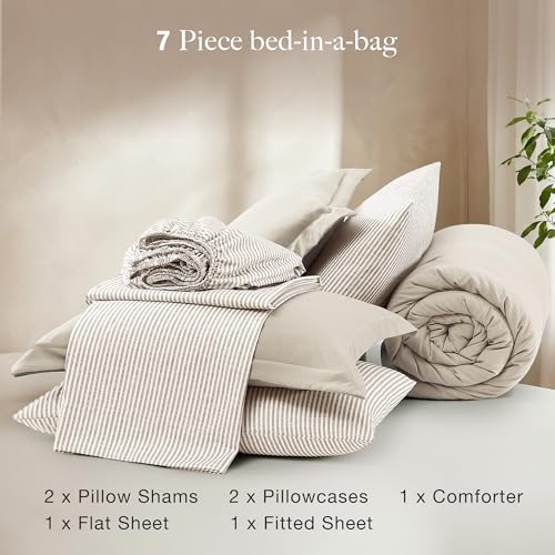 Image of Monbix Full Size Comforter Sets-7 Pieces Soft Bed in a Bag Full Bedding Set | All Season Beige Prewashed Comforter Bed Set with Striped Sheets, Pillowcases & Shams