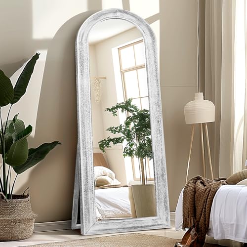 ABSWHLM 65\"x22\" Arched Full Length Mirror with Stand Solid Wood Frame Floor Large Mirror for Living Room, Bedroom Hanging Standing or Leaning Wall-Mounted, White