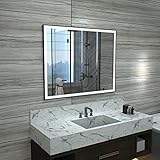 HAUSCHEN HOME 28 x 36 inch LED Lighted Bathroom Mirror, Black Framed Wall Mounted Dimmable Vanity Mirror, Anti-Fog Mirror, 3-Color Adjustable Warm/Natural/White Light, Horizonal & Vertical, ETL Listed