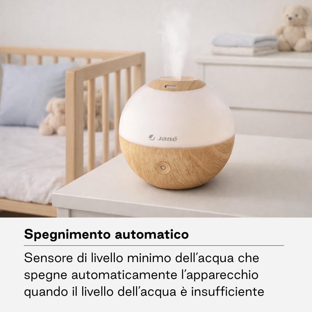 Jané Umidificatore Bambini Ultrasuoni con Luce, Diffusore Aromi, 2 Velocità, Vapore Freddo, Spegnimento Automatico, 360°, Legno
