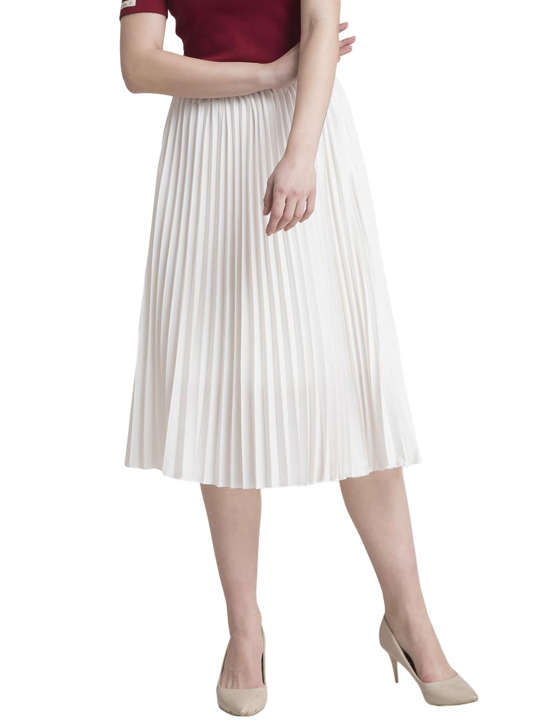 Women's Polyester Pleated Flared Midi Skirt - White-Size-30-image-9