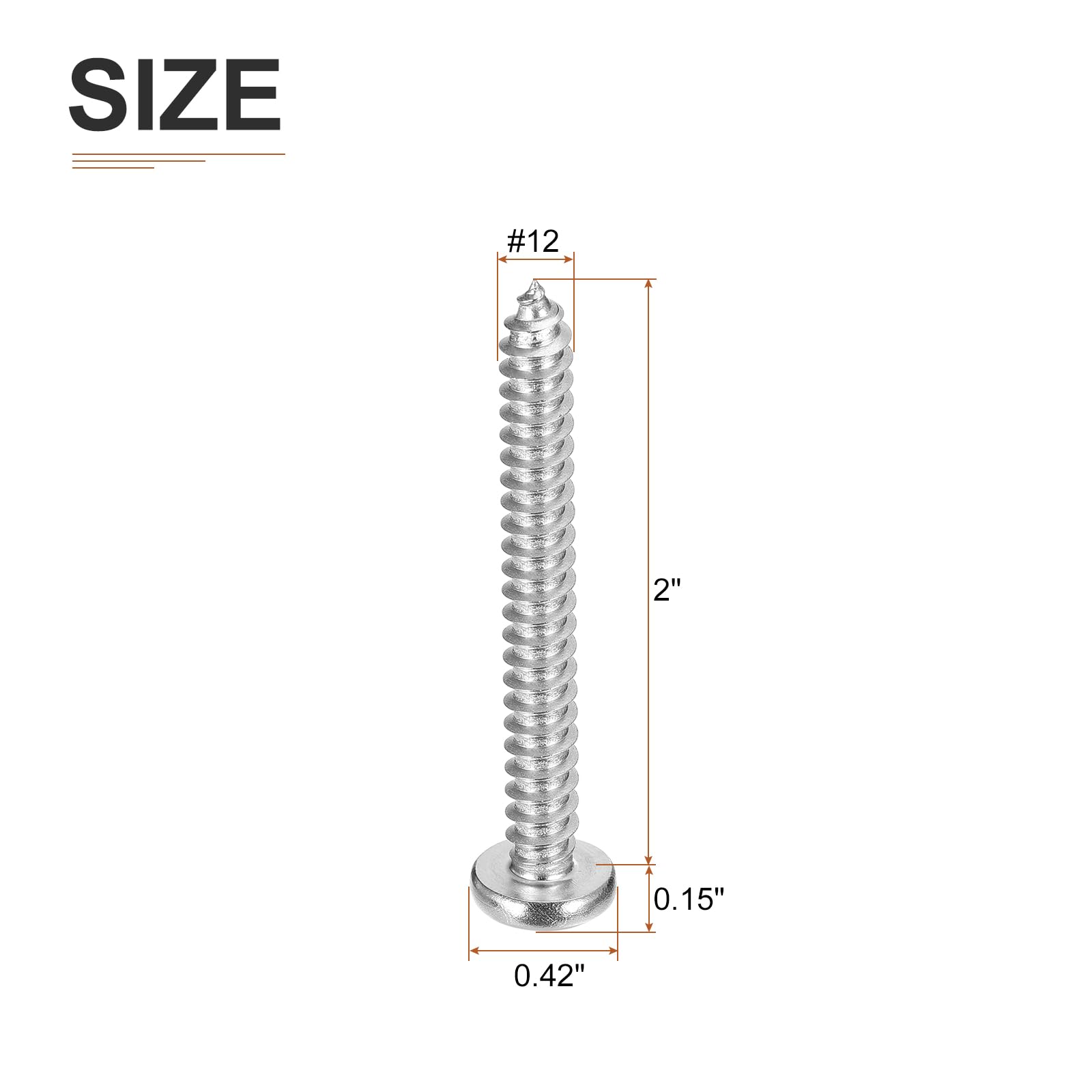 DTGN #12x2" Phillips Pan Head Self-tapping Screw - 30Pack - Bright Finish 304 Stainless Steel Sheet Metal Screws Wood Screws - Image 2