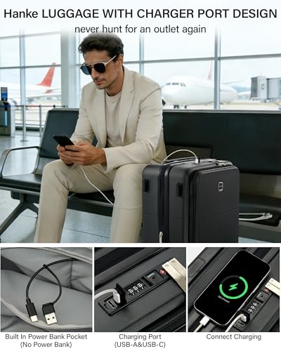 Hanke 20 Inch Expandable Carry On Luggage with Cup Holder 22x14x9 Airline Approved, Top Opening Hard Shell Suitcases with Wheels, Carry-On Travel Suitcase Trunk Luggage with Lock,  image 5