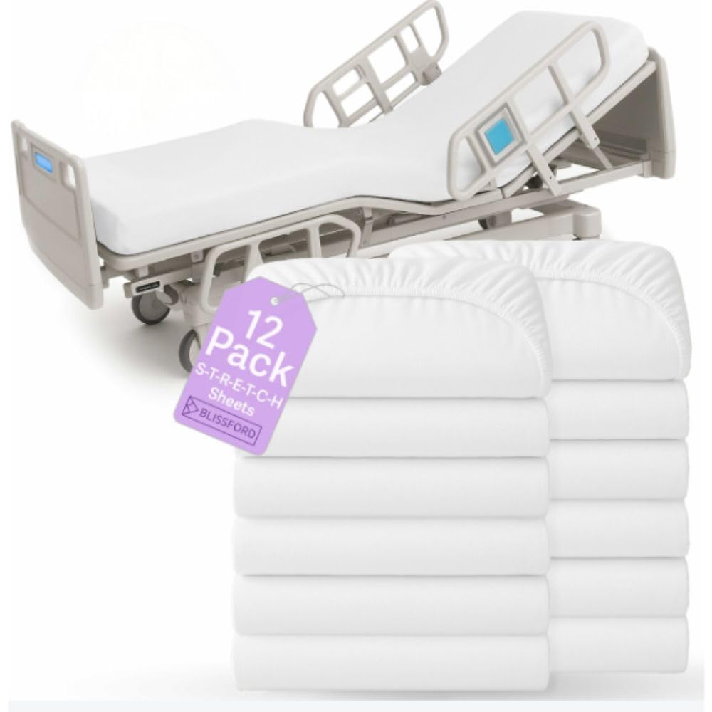 BLISSFORD - 12 Pack Fitted Hospital Bed Sheets with Elastic All Around for a Cotton Rich Soft Knitted Jersey Sheet, 36” x 84” x 12”