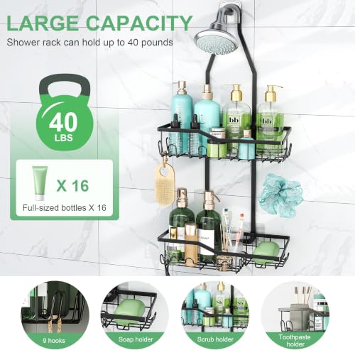 Shower-Caddy-HangingRustproof-Anti-Swing-Shower-Organizer2-Tier-Hanging-Bathroom-Caddy-Anti-swing-and-Non-slipBathroom-Organizer-with-18-Hooks-for-RazorSponge-Black-Large