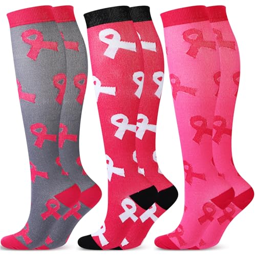 Cindeer 3 Pairs of Breast Cancer Awareness Socks Pink Ribbon Football Knee High Socks for Woman Men Adults