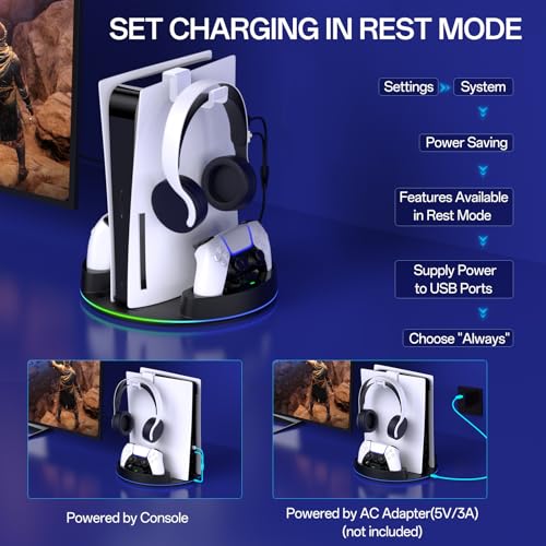 NEWDERY Soporte para PS5/PS5 Slim/PS 5 Pro, estación de Carga de Controlador Dual con luz RGB para PlayStation 5, Soporte Vertical para Consola Digital PlayStation 5/Disco, Color Negro - imagen 7