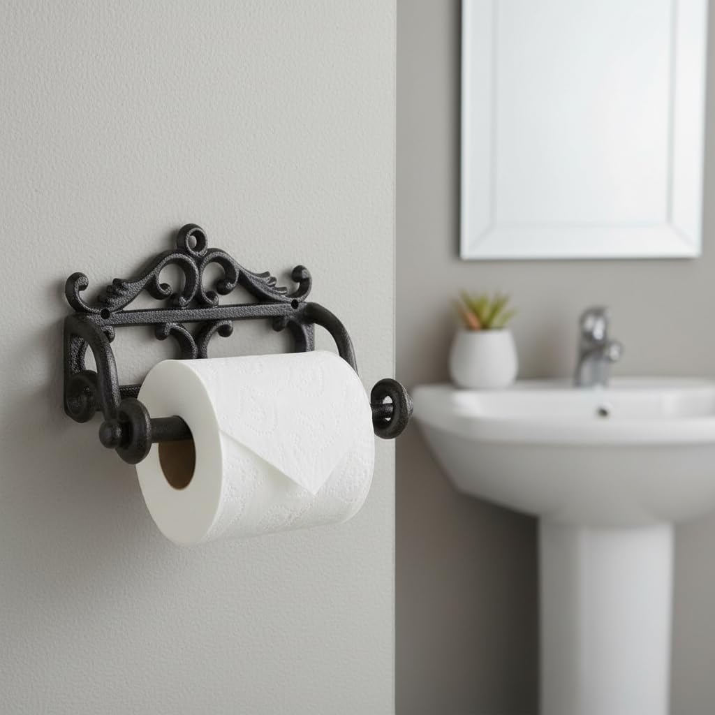 Comfy Hour Decorative Cast Iron Toilet Paper Holder, White Victorian Scroll Wall Mounted Paper Roll Organizer, Shabby Chic Bathroom Accent, Finished Metal Tissue Hanger, 1 Unit (Black)