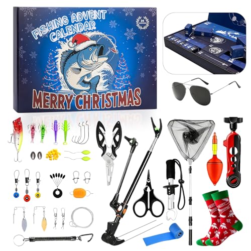 Calendario de Adviento de Pesca 2025, 24 Días Navidad Calendario de Adviento Único Hombres con Regalos de Tema de Pesca