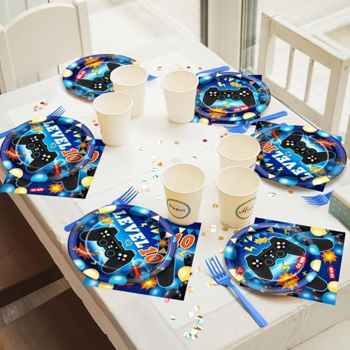 Image of 96Pcs Level 10 Plates and Napkins Sets Level Up 10 Unlocked Birthday Decorations 10th Birthday Plates for Boys Video Game Supplies 10th Blue Gaming Pattern Design Party Favors for 24 Guests