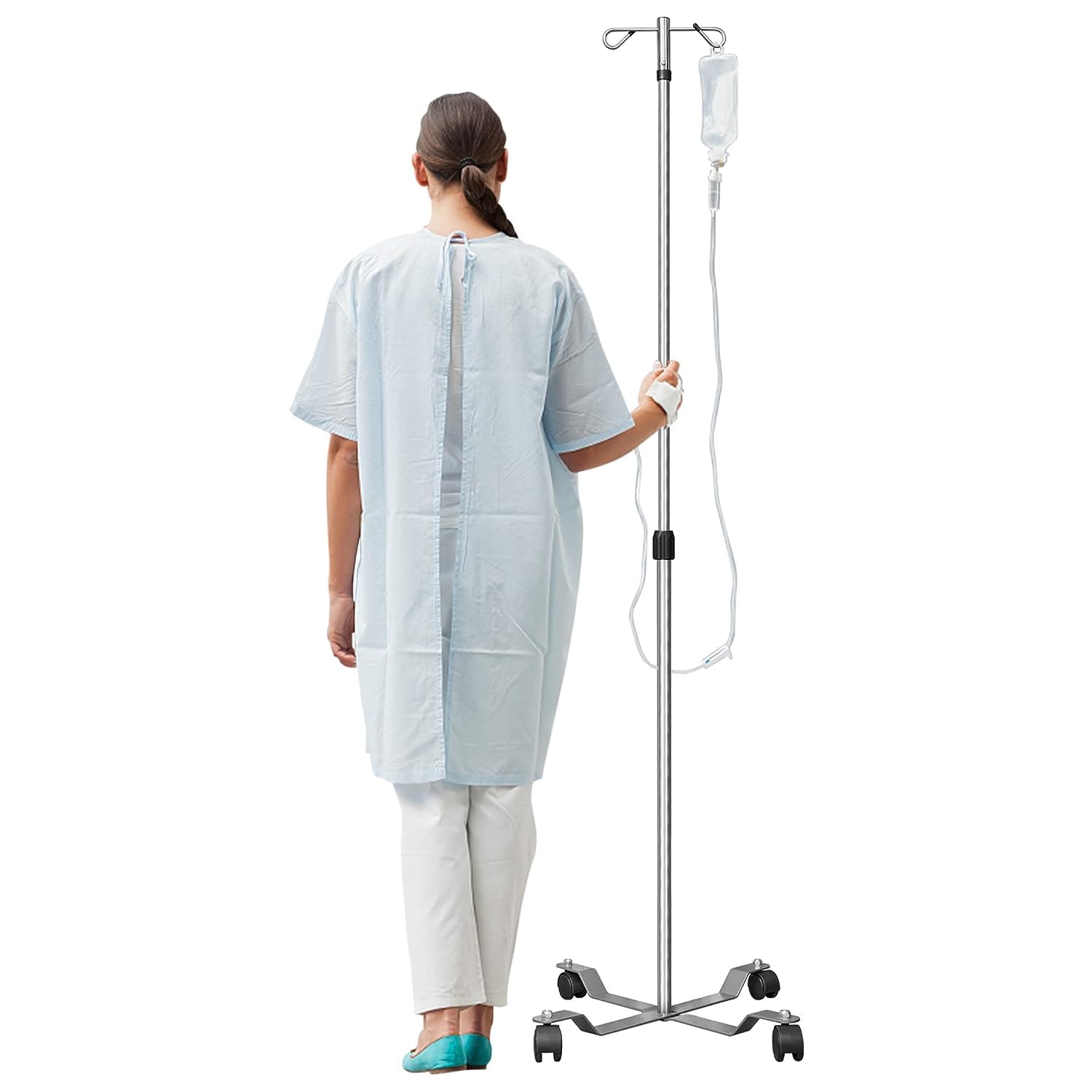 IV Pole with Wheels Medical Portable IV Stand Pole, IV Bag Stand with Removable IV Bag Holder, 47" to 85" Adjustable Height Pole, with 2 Hook & 4 Caster Steel Base 2 Hook 1