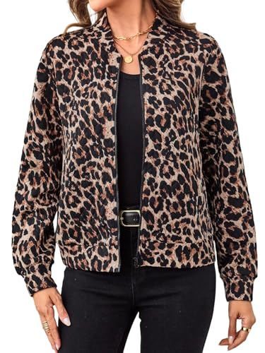 Verdusa Women's Zip Up Bomber Jacket Casual Long Sleeve Textured Lightweight Coat Business Casual Outfits Spring Fall Clothes Leopard Print X-Large