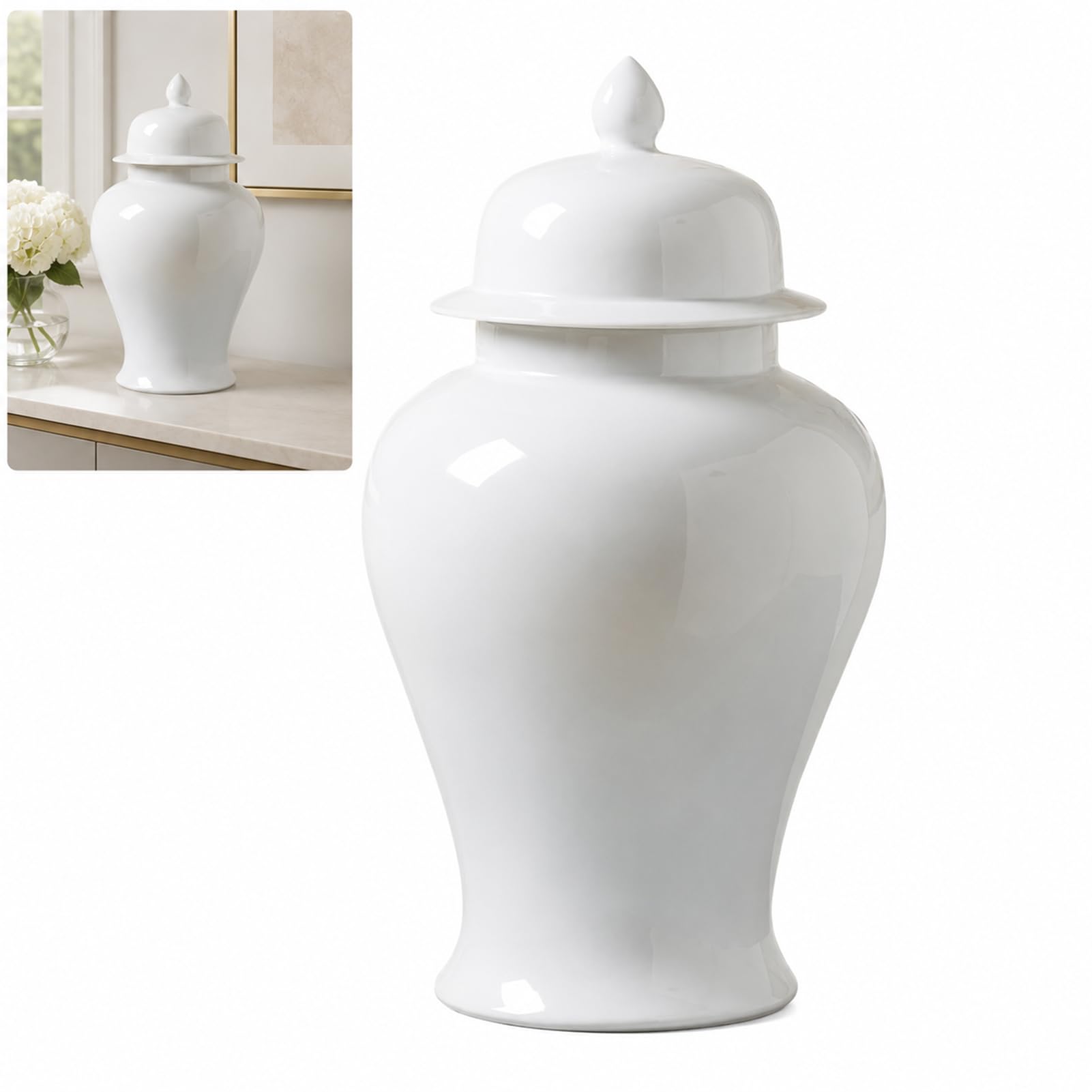White Ceramic Ginger Jar With Lid For Home Decor Flower Vase Chinoiserie Porcelain Temple Jars (white,18.5 * 35cm)