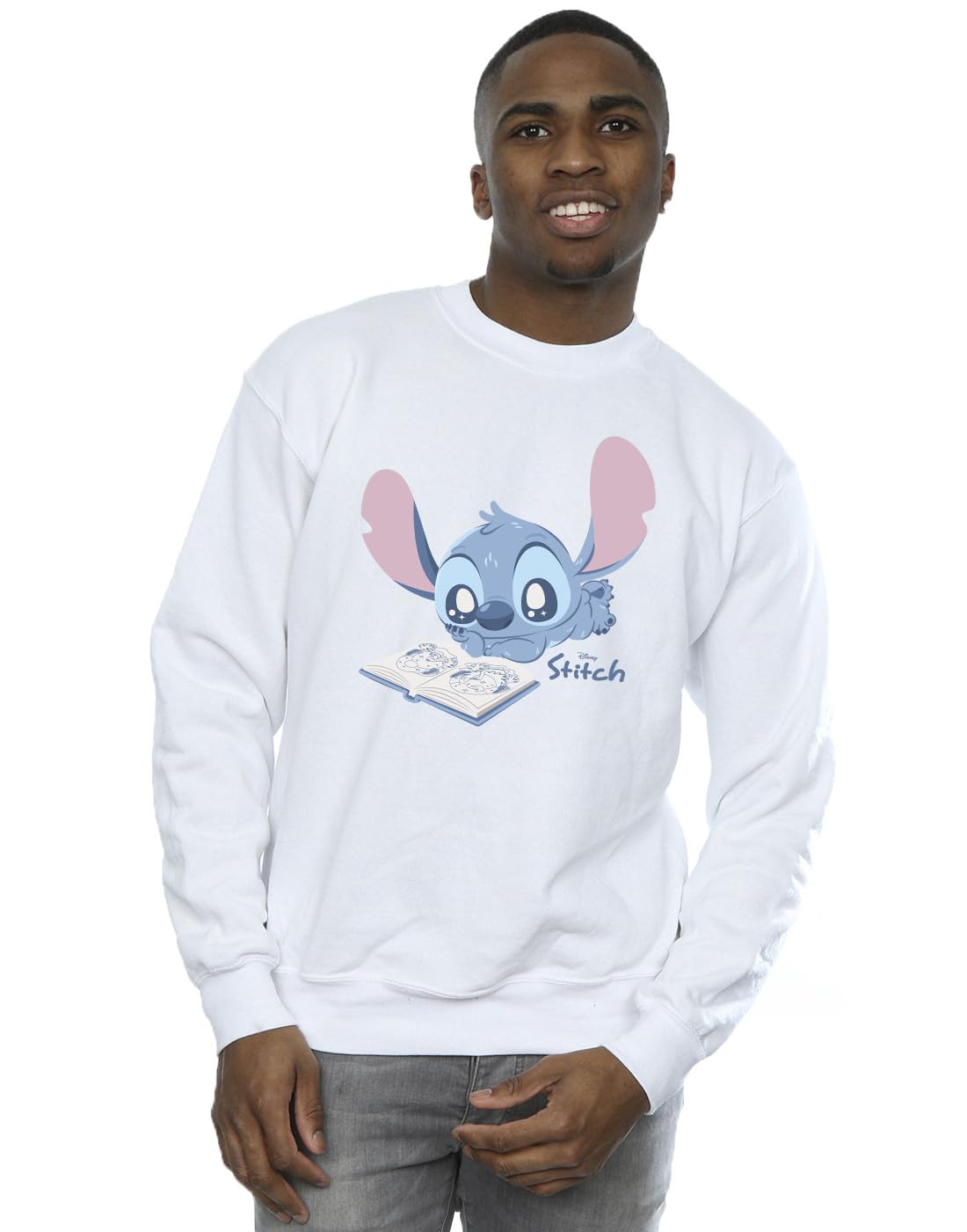 Absolute Cult Men's White Disney Lilo & Stitch Reading Lying Down Sweatshirt Medium