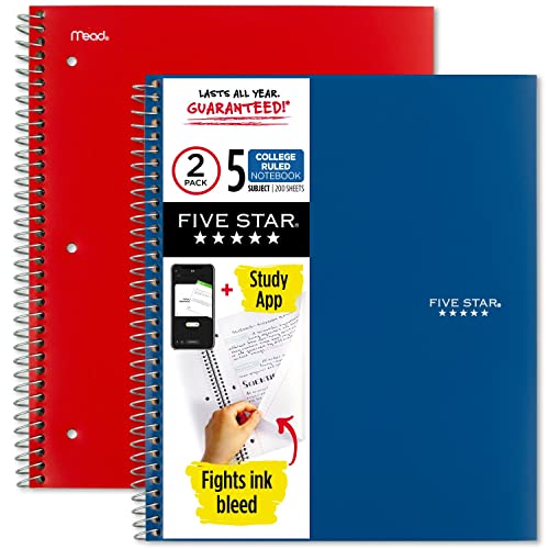 Five Star Spiral Notebook + Study App, 2 Pack, 5 Subject, College Ruled Paper, Fights Ink Bleed, Water Resistant Cover, 8-1/2' x 11', 200 Sheets, Pacific Blue & Fire Red (38459)