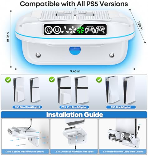 Image of PS 5 Wall Mount Kit with Cooling Fan and Charging Station Compatible with P5 / Slim / Pro Disc and Digital, PS Five Floating Base Holder Shelf with 9 RGB Lights & 3-Level Fan, P5 Accessories for Gaming