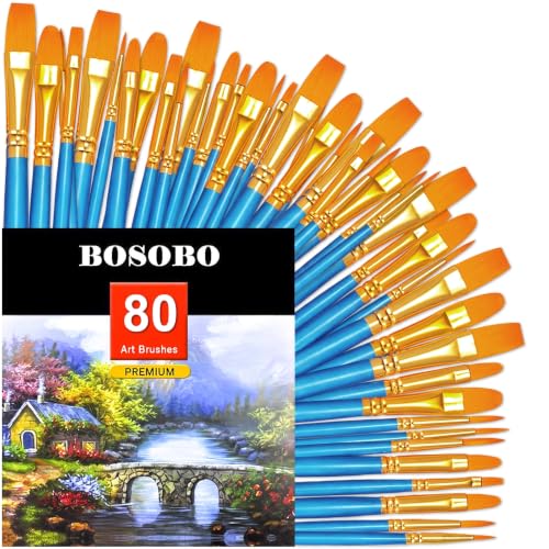 Image of BOSOBO Assorted Nylon Acrylic Artist Paint Brushes Set,Blue,80 Pcs