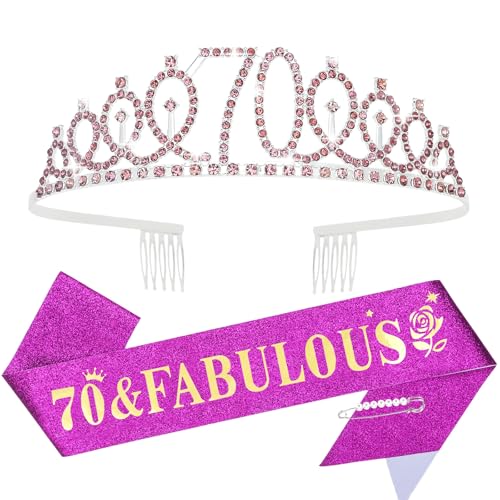 YARIEW Purple Crown, 70 & Fabulous Sash, Pearl Pin Set - Birthday Tiara for Women, 70th Decorations, Gifts, Party Favor