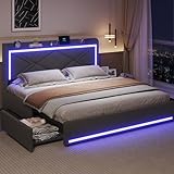 BTHFST Full Bed Frame with RGB LED Lights Headboard & USB-C/A Charging Station, Modern Upholstered Platform Bed with Storage Drawers, Heavy Duty Steel Slats, No Box Spring Needed, Dark Gray
