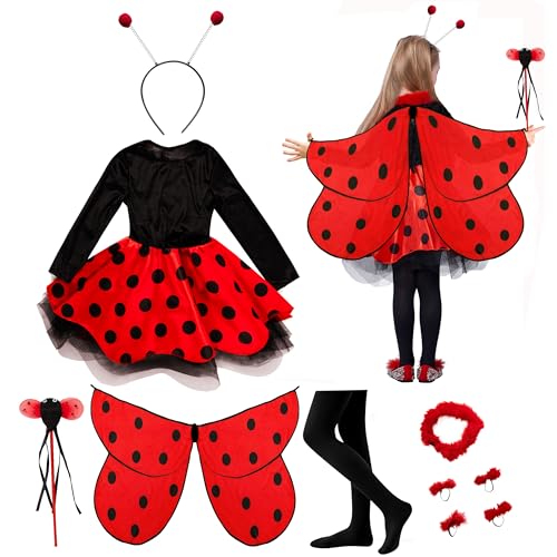 IKALI Marienkäfer Kostüm Mädchen Kleid mit Flügeln Haarreif Zauberstab Zubehör Kinder Karneval Fasching Verkleidung 3-10 Jahre