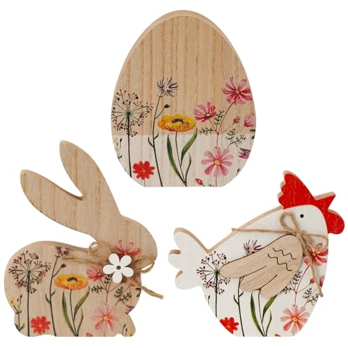 3 X Figurines de décoration pour Pâques - Œuf de Pâques, Lapin, Poule - Décoration de Pâques en bois - Décoration de Pâques à poser