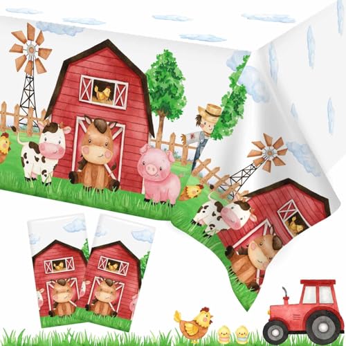 Heboland 3 Pieces Farm Animal Birthday Party Supplies Tablecloth, Large Size 54 x 108 Inch Rectangular Plastic Table Cover, Barnyard Birthday Party Supplies Decorations for Baby Shower Boys Girls