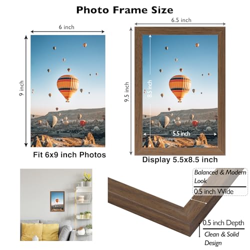 Image of JCJMY 6x9 Picture Frame Brown for Wall Hanging or Tabletop, Wall Mounting Horizontally or Vertically, 6 x 9 Wall Gallery Poster Photo Frame with Shatter Resistant Plexiglass, Brown