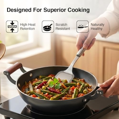 Image of Prestige Castlite Patterned Enamel Coated Cast Iron Kadai 24cm /2.4L with Glass Lid | High Heat Retention, Rust-Proof | Gas & Induction Compatible | Low-Oil Cooking | Stay-Cool Handles | 15Y Warranty