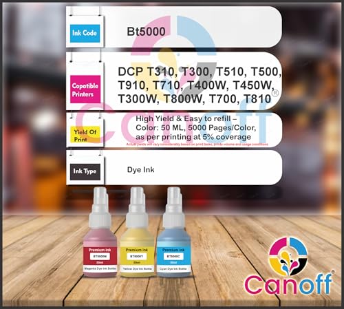 Image of CANOFF BT5000 Ink Bottle (Cyan, Magenta, Yellow x 50ml) | High Yield Compatible Ink for DCP-T300, DCP-T500W, DCP-T700W, DCP-T710W, MFC-T800W, MFC-T910DW Printers (BT5000CMY)