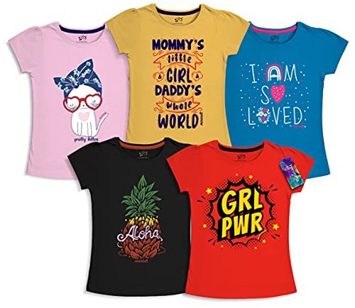 Image of minicult Girls Half sleeeves Cotton Tshirt with Cute Prints and Colorfull (Pink) (Pack of 5)