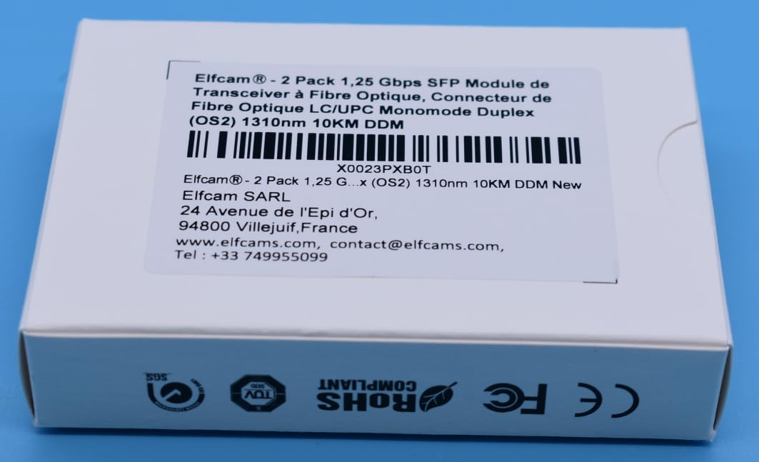 Elfcam - 2 Pack 1,25Gb SFP Module de Transceiver à Fibre Optique 1310nm 10km, Connecteur de Fibre Optique LC/UPC Monomode Duplex Compatible avec Cisco, Ubiquiti Networks, Huawei, D-Link, Open Switch
