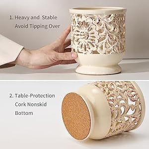 Farmhousekitchenutensilholderforcountertopceramiclargecookingutensilcrockwithcorkmatdecorativerusticutensilholderforkitchencounterhollowcarvingflowerbeige Urban Country Home Decor Farmhouse kitchen utensil holder for countertop ceramic large cooking utensil crock with cork mat decorative rustic utensil holder for kitchen counter hollow carving flower beige urban country home decor