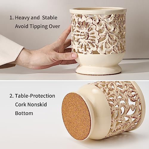 Farmhousekitchenutensilholderforcountertopceramiclargecookingutensilcrockwithcorkmatdecorativerusticutensilholderforkitchencounterhollowcarvingflowerbeige Urban Country Home Decor Farmhouse kitchen utensil holder for countertop ceramic large cooking utensil crock with cork mat decorative rustic utensil holder for kitchen counter hollow carving flower beige urban country home decor