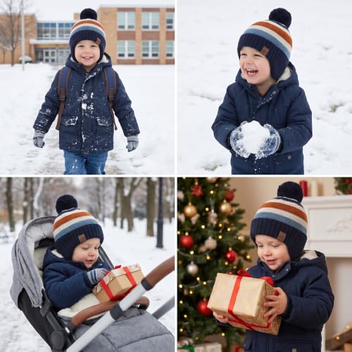 Image of LMLALML Boys Winter Hat Earflap Knitted Beanie for Kids Warm Fleece Lined Thicken Hat for Baby