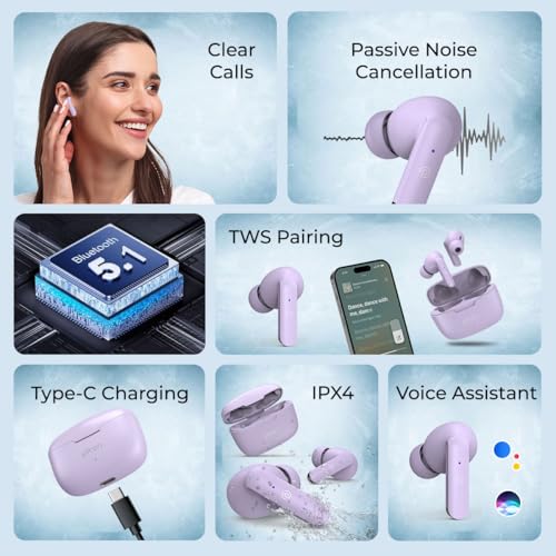 Image of pTron Basspods P81 in-Ear Wireless Earbuds, Pristine Sound, 32Hrs Playtime, Clear Calls TWS Earbuds, Bluetooth V5.1 Headphone, Type-C Fast Charging, Voice Assist & IPX4 Water Resistant (Light Lilac)