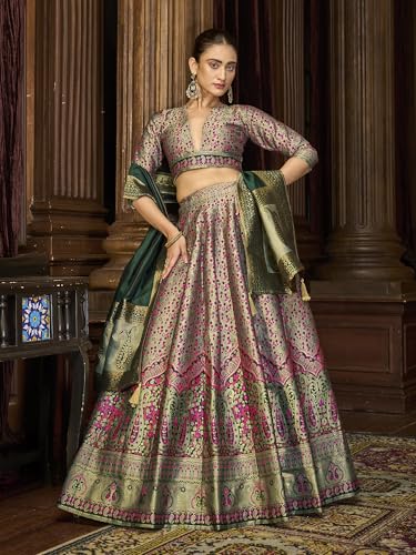 Image of PURVAJA Women's Kanjiwaram Semi-Stitched Lehenga choli