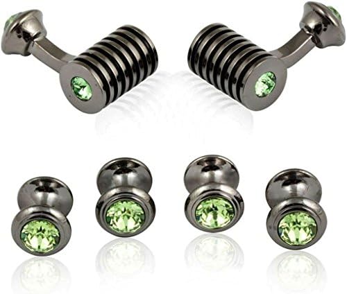 Green Crystal Cufflinks and Studs Formal Set in Gunmetal with Presentation Gift Box