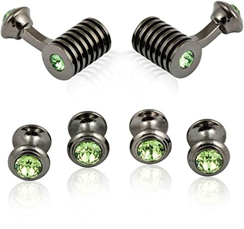 Green Crystal Cufflinks And Studs Formal Set In Gunmetal With Presentation Gift Box #TOP3