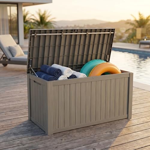 Image of 178 Gallon Resin Deck Box with Gas Lift Support - Outdoor Storage for Patio Furniture, Garden Tools & BBQ Accessories - Weatherproof Wood Grain Design with 660 Lbs Bench Seat (Lockable Lid)