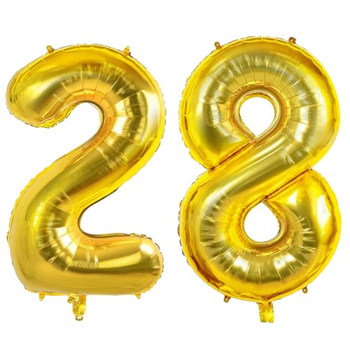 Number 28 Balloons for 28th Birthday Party Decorations, 0-100 Large No.28 for Women Men, 40 Inch Gold Foil Helium for 28 Year Old Anniversary