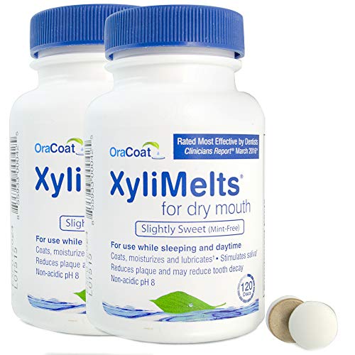 OraCoat XyliMelts for Dry Mouth Care 120 count bottles, All Natural, Gluten Free, No Preservatives, Helps Neutralize Acids, Slightly Sweet - Mint Free, 2 bottles (240 discs total)