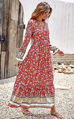 PRETTYGARDEN Long Sleeve Maxi Dress for Women V Neck Casual Button Down Boho Long Floral Dresses