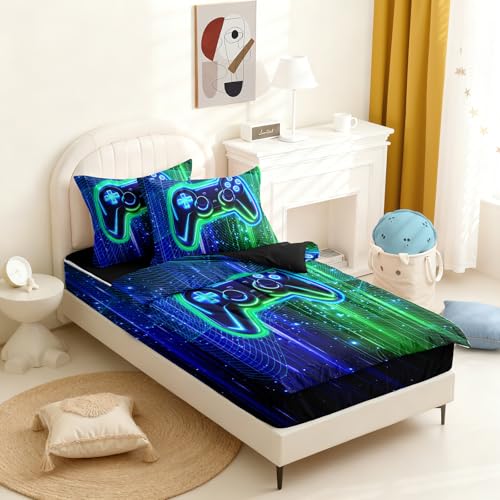 Image of Kids Comforter Set,Zipper Bedding Twin for Teen,Gaming Printed Comforter Set with Fitted Sheets and Pillowcases for All Season(Gamepad Twin)