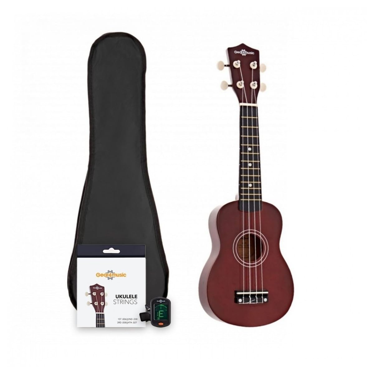 Pack Ukulele Soprano di Gear4music, Accordatore, Custodia e Corde | Tono Classico di Ukulele Soprano, Corpo Durevole in Tiglio, Manico Acero Ebanizzato, Compatto per Viaggiare, Custodia