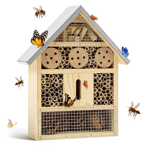 UUMENHA Insect Hotel & Mason Bee House - Butterfly House Multi-Functional Bee Hotel for Garden Attract Pollinators Durable Natural Wood Design 4.132.5610.63 inches
